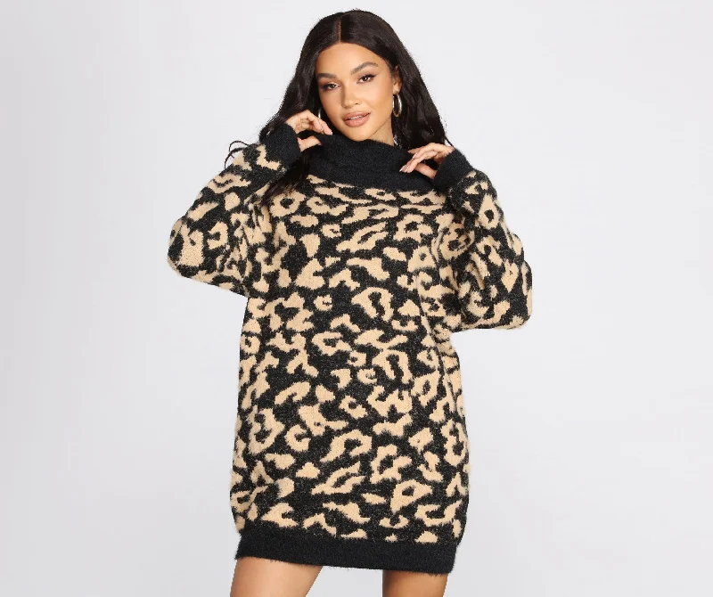 Women's Off - Shoulder Chunky Knit Sweater Dresses in Earth Tones Angora Knit Leopard Print Sweater Dress Women's Off - Shoulder Chunky Knit Sweater Dresses in Earth Tones Angora Knit Leopard Print Sweater Dress