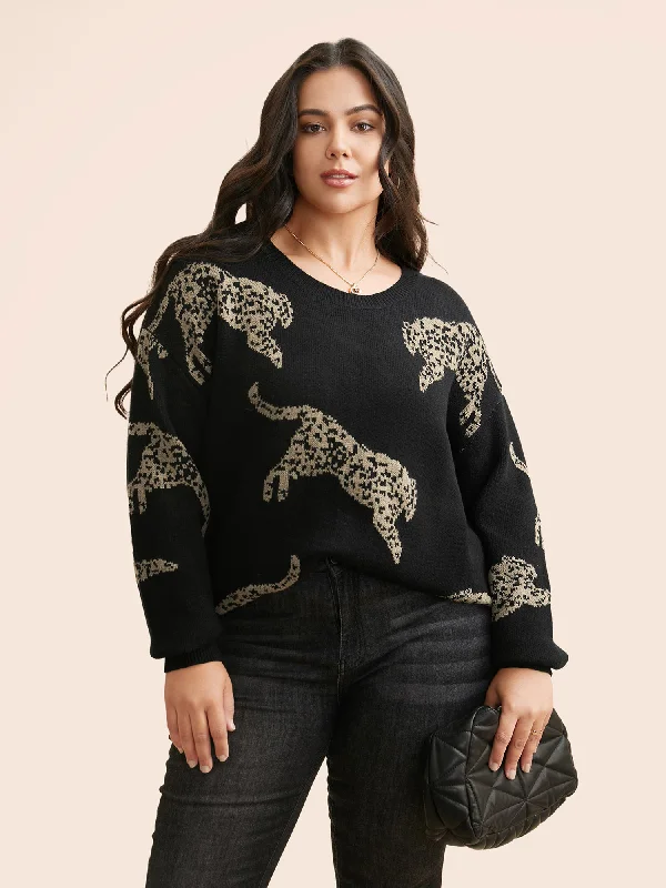 Boat Neck Women's Merino Wool Sweaters in Neutral Shades Animal Jacquard Drop Shoulder Sleeve Pullover