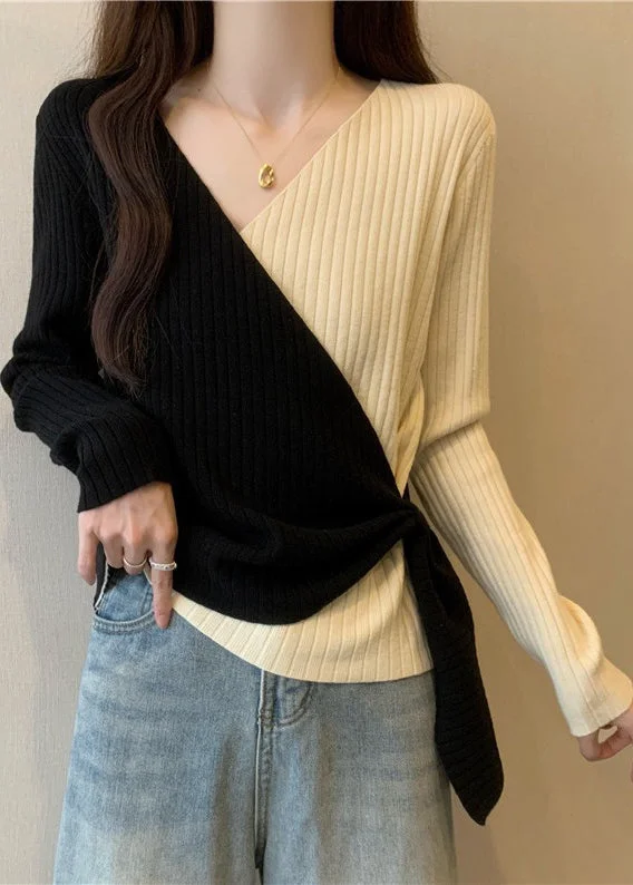 Women's Cropped Knit Tops with Ruffled Sleeves for a Feminine Look Apricot Patchwork Knit Top Asymmetrical Cross Strap Fall Women's Cropped Knit Tops with Ruffled Sleeves for a Feminine Look Apricot Patchwork Knit Top Asymmetrical Cross Strap Fall
