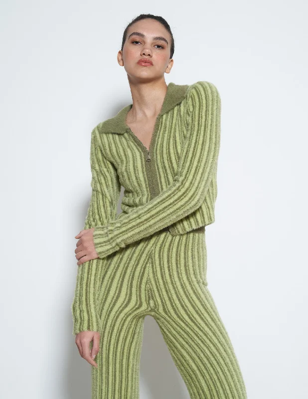 Women's Open - Front Knit Cardigans with a Longline Design ARCADE KNIT TOP IN GREEN STRIPES Women's Open - Front Knit Cardigans with a Longline Design ARCADE KNIT TOP IN GREEN STRIPES