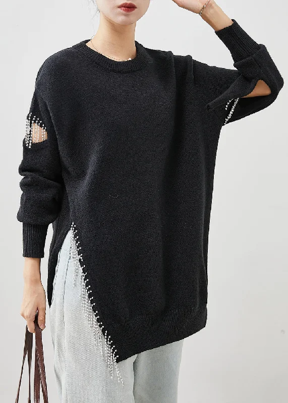 Plus Size Women's Knit Peplum Tops to Accentuate the Waist Art Black Tasseled Hollow Out Side Open Knit Top Winter Plus Size Women's Knit Peplum Tops to Accentuate the Waist Art Black Tasseled Hollow Out Side Open Knit Top Winter