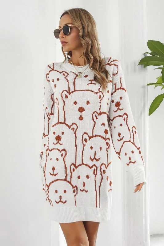 Knee - Length Women's Wool Blend Sweater Dresses in Neutral Colors Bear Pattern Round Neck Sweater Dress Knee - Length Women's Wool Blend Sweater Dresses in Neutral Colors Bear Pattern Round Neck Sweater Dress