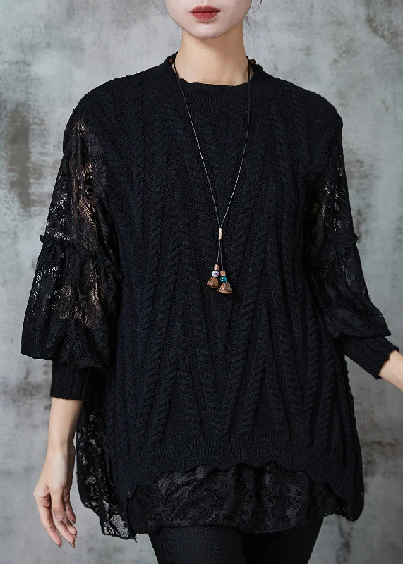 Turtleneck Women's Knit Sweaters in Soft Cashmere for Winter Black Patchwork Lace Knit Tops Oversized Spring Turtleneck Women's Knit Sweaters in Soft Cashmere for Winter Black Patchwork Lace Knit Tops Oversized Spring