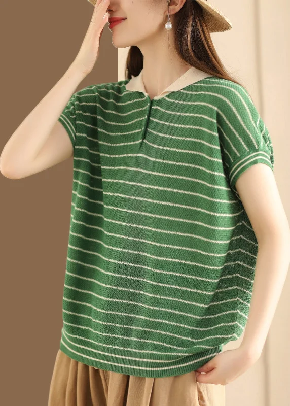 Women's Open - Front Knit Cardigans with a Longline Design Boutique Green Striped Peter Pan Collar Patchwork Linen Knit Top Summer Women's Open - Front Knit Cardigans with a Longline Design Boutique Green Striped Peter Pan Collar Patchwork Linen Knit Top Summer