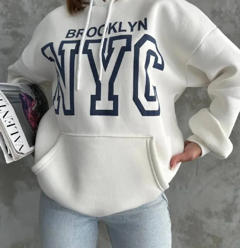 Women's hoodie with a kangaroo pocket and a pom - pom drawstring for added charm Women's hoodie with a kangaroo pocket and a pom - pom drawstring for added charm Brooklyn oversized hoodies