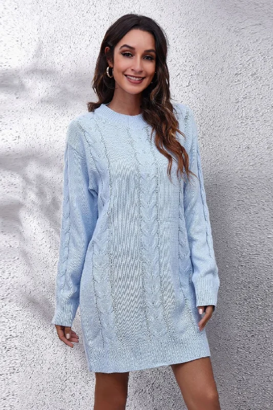 Plus Size Women's Asymmetric Hem Sweater Dresses in Modern Designs Cable-Knit Round Neck Sweater Dress Plus Size Women's Asymmetric Hem Sweater Dresses in Modern Designs Cable-Knit Round Neck Sweater Dress