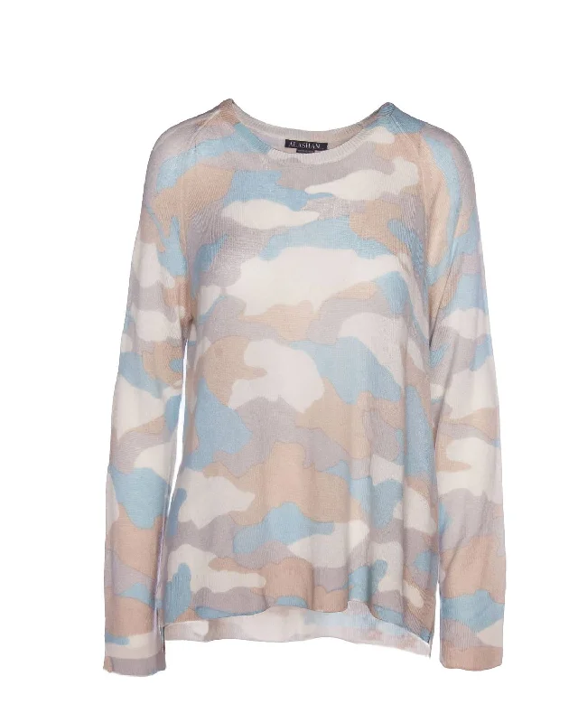 Ruffled Women's Pullovers in Soft Pastels for a Feminine Touch Cashmere Dreamweaver Camo Pullover In Heavenly Combo Ruffled Women's Pullovers in Soft Pastels for a Feminine Touch Cashmere Dreamweaver Camo Pullover In Heavenly Combo
