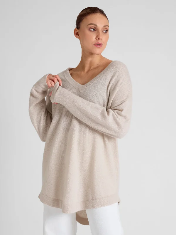 V - Neck Women's Ribbed Wool Sweaters for Fall Cashmere sweater "Alva" - pearl