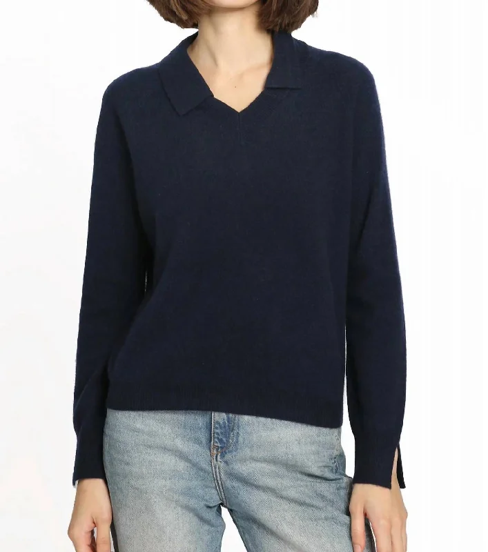Striped Women's Pullovers in a Breton Style for Nautical Vibes Cashmere V-Neck Pullover Wth Collar In Navy Striped Women's Pullovers in a Breton Style for Nautical Vibes Cashmere V-Neck Pullover Wth Collar In Navy