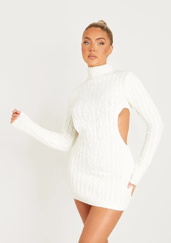 Plus Size Women's Asymmetric Hem Sweater Dresses in Modern Designs Cecilia Cream Cut Out Knitted Dress Plus Size Women's Asymmetric Hem Sweater Dresses in Modern Designs Cecilia Cream Cut Out Knitted Dress