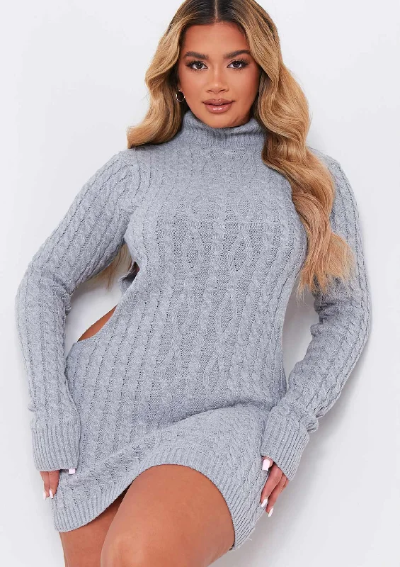 Wrap - Style Women's Lambswool Sweater Dresses in Elegant Shades Cecilia Grey Cut Out Knitted Dress Wrap - Style Women's Lambswool Sweater Dresses in Elegant Shades Cecilia Grey Cut Out Knitted Dress