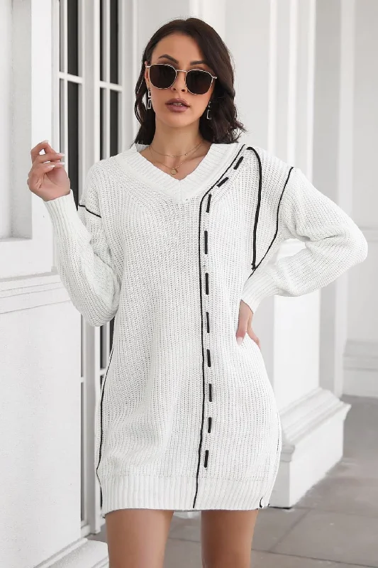A - Line Women's Merino Wool Sweater Dresses in Classic Styles Contrast V-Neck Sweater Dress A - Line Women's Merino Wool Sweater Dresses in Classic Styles Contrast V-Neck Sweater Dress
