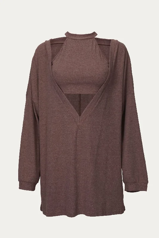 Long - Line Women's Pullovers in a Relaxed Fit for Layering Cropped Tank And Pullover Two-Piece Set In Brown Long - Line Women's Pullovers in a Relaxed Fit for Layering Cropped Tank And Pullover Two-Piece Set In Brown