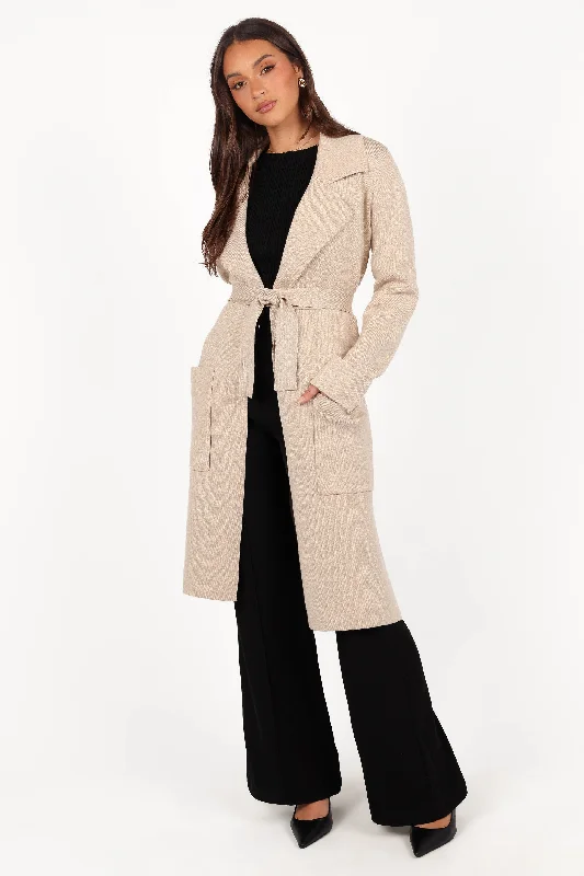 Button - Down Women's Shetland Wool Sweaters in Traditional Patterns Decker Waist Tie Coatigan - Oatmeal Button - Down Women's Shetland Wool Sweaters in Traditional Patterns Decker Waist Tie Coatigan - Oatmeal