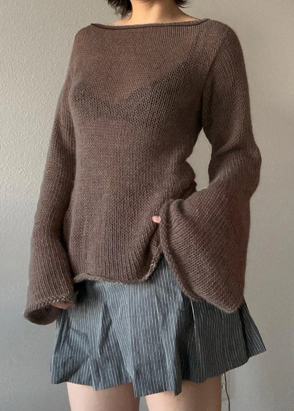 Solid - Color Women's Knit T - Shirts in a Lightweight Material European And American Coffee Backless Lace Up Flared Sleeve Knit Top Solid - Color Women's Knit T - Shirts in a Lightweight Material European And American Coffee Backless Lace Up Flared Sleeve Knit Top
