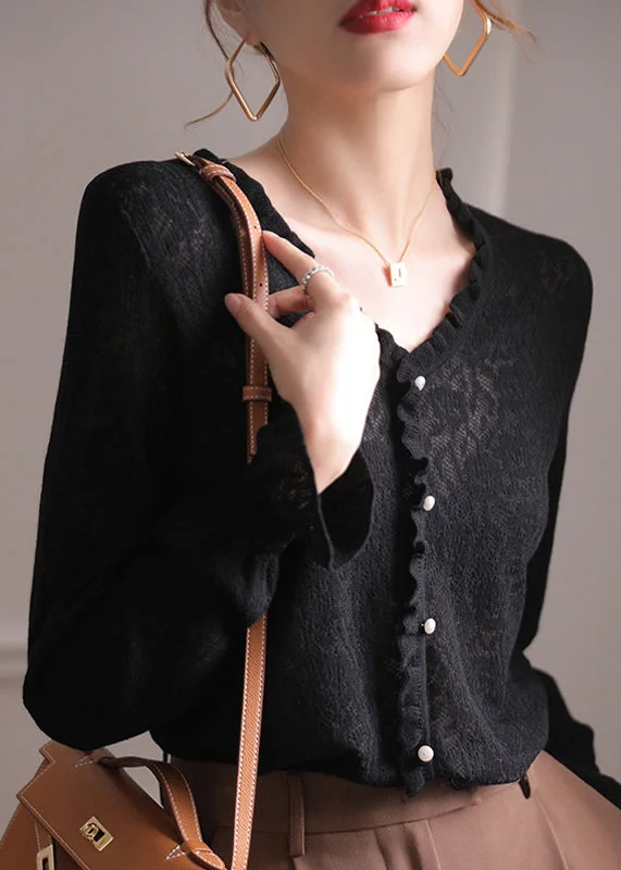 Plus Size Women's Knit Ponchos with Fringe Details for a Boho Vibe Fashion Black V Neck Ruffled Hollow Out Lace Knit Top Flare Sleeve Plus Size Women's Knit Ponchos with Fringe Details for a Boho Vibe Fashion Black V Neck Ruffled Hollow Out Lace Knit Top Flare Sleeve