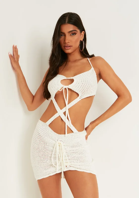 Mini dresses with cut - out details for a trendy look Fia Off White Knitted Cut Out Halter Mini Dress Mini dresses with cut - out details for a trendy look Fia Off White Knitted Cut Out Halter Mini Dress