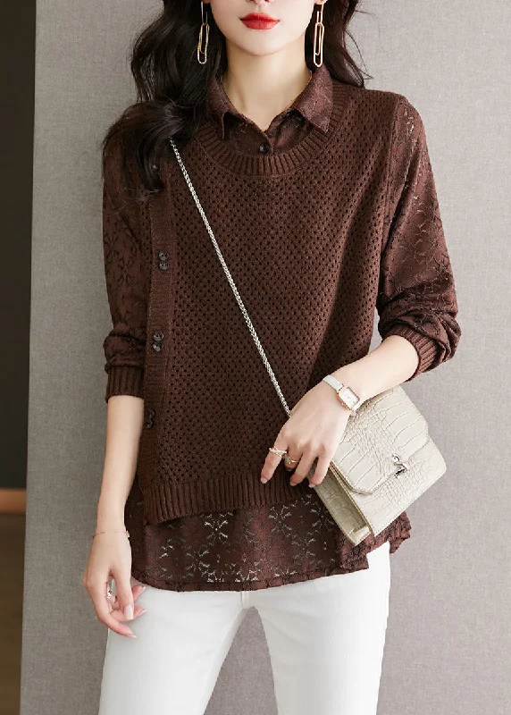 Women's Knit Boat - Neck Tops with a Loose Fit for Comfort Fine Coffee Peter Pan Collar Lace Patchwork False Two Pieces Knit Tops Fall Women's Knit Boat - Neck Tops with a Loose Fit for Comfort Fine Coffee Peter Pan Collar Lace Patchwork False Two Pieces Knit Tops Fall