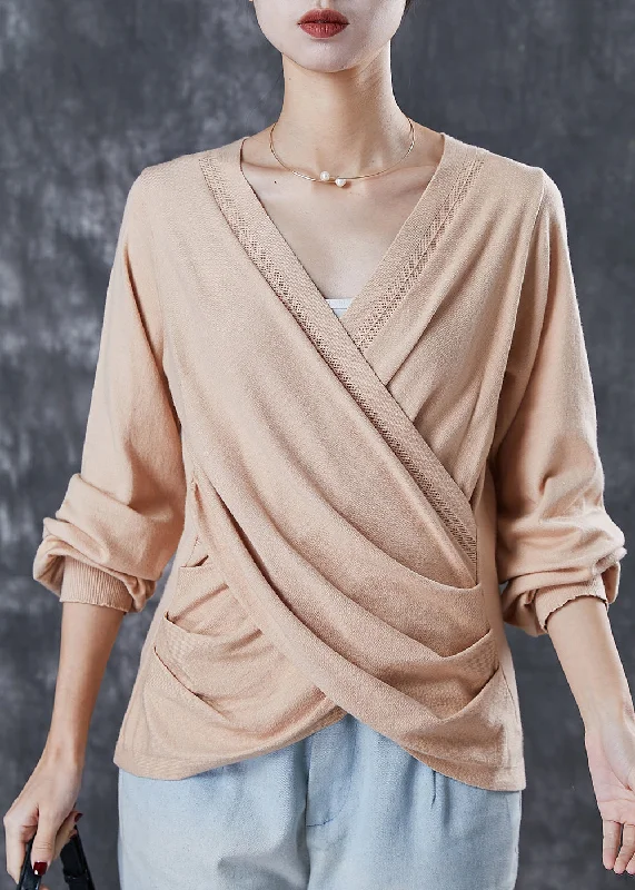 Short - Sleeve Women's Knit Shirts in Pastel Colors for Spring Fitted Beige Asymmetrical Cross Connection Knit Tops Spring Short - Sleeve Women's Knit Shirts in Pastel Colors for Spring Fitted Beige Asymmetrical Cross Connection Knit Tops Spring