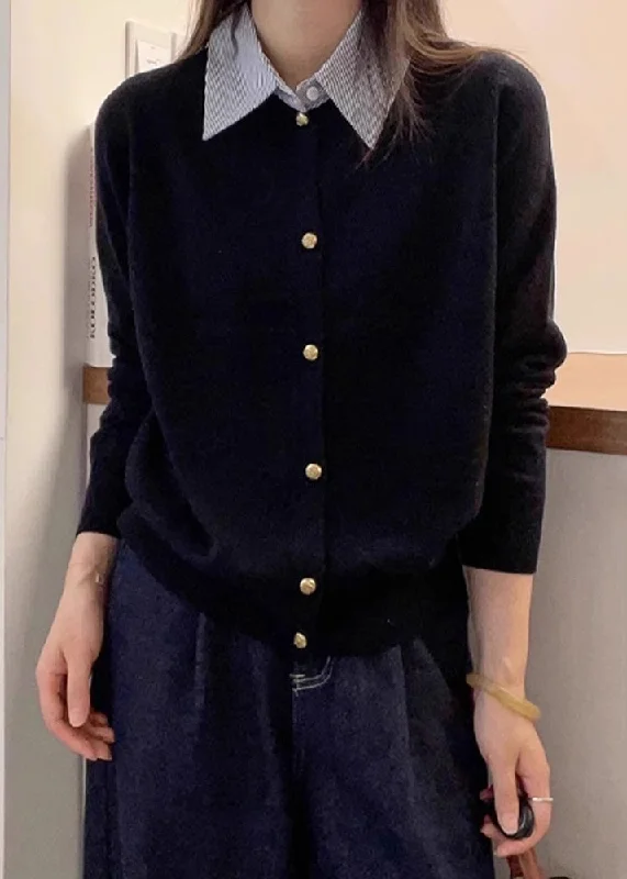 Floral - Printed Women's Knit Blouses in a Dainty Pattern French Black Peter Pan Collar Button Patchwork Knit Top Fall Floral - Printed Women's Knit Blouses in a Dainty Pattern French Black Peter Pan Collar Button Patchwork Knit Top Fall