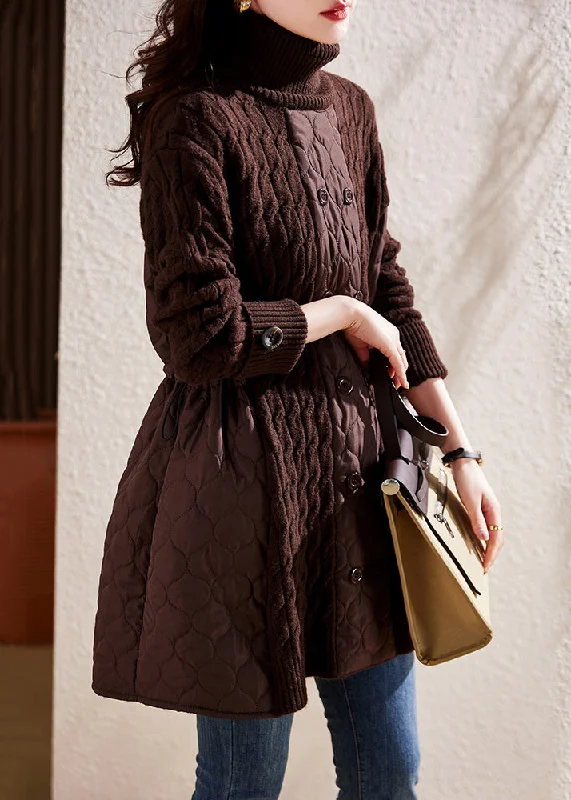 Plaid Women's Knit Button - Up Tops in a Preppy Look French Coffee Turtleneck Drawstring Patchwork Thick Cotton Knit Top Winter Plaid Women's Knit Button - Up Tops in a Preppy Look French Coffee Turtleneck Drawstring Patchwork Thick Cotton Knit Top Winter
