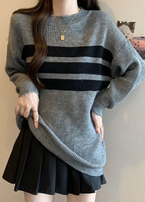 Plus Size Women's Knit Peplum Tops to Accentuate the Waist French Grey Oversized Striped Knit Tops Fall Plus Size Women's Knit Peplum Tops to Accentuate the Waist French Grey Oversized Striped Knit Tops Fall