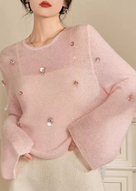 Women's Knit Halter Tops in a Trendy Design for Beach Days French Pink O Neck Zircon Sequins Thin Knit Top Spring Women's Knit Halter Tops in a Trendy Design for Beach Days French Pink O Neck Zircon Sequins Thin Knit Top Spring