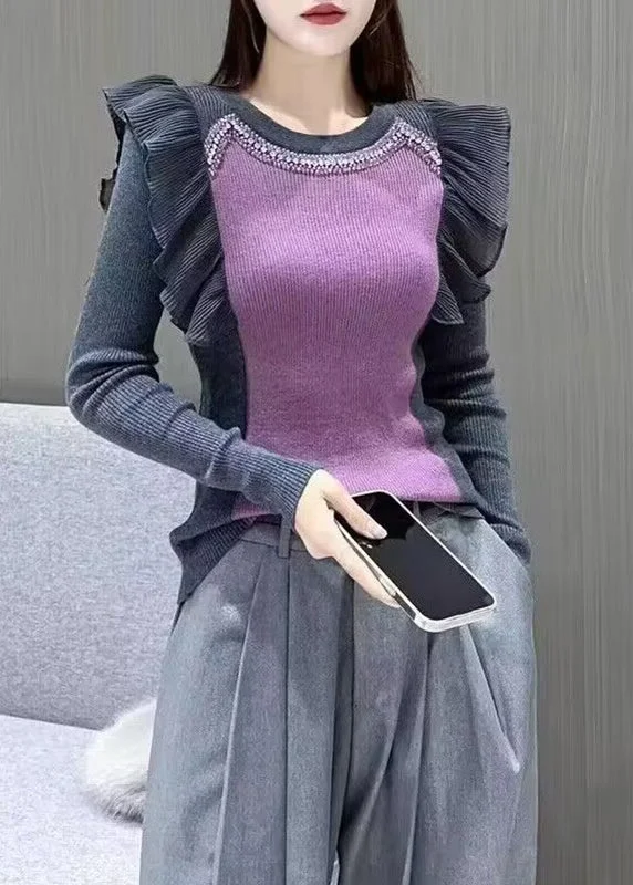 Women's Knit Boat - Neck Tops with a Loose Fit for Comfort French Purple Ruffled Nail Bead Patchwork Knit Top Long Sleeve Women's Knit Boat - Neck Tops with a Loose Fit for Comfort French Purple Ruffled Nail Bead Patchwork Knit Top Long Sleeve