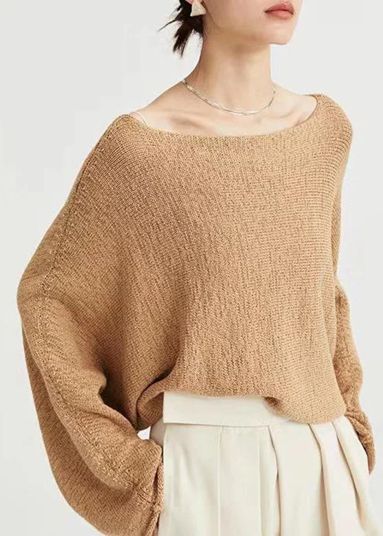 Plus Size Women's Knit Peplum Tops to Accentuate the Waist Handmade Camel Slash Neck Hollow Out Knit Top Long Sleeve Plus Size Women's Knit Peplum Tops to Accentuate the Waist Handmade Camel Slash Neck Hollow Out Knit Top Long Sleeve