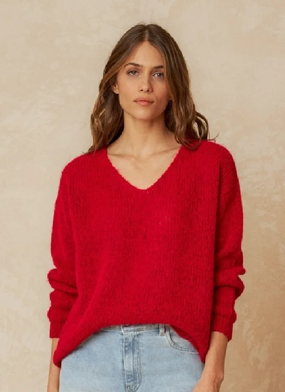 Bell - Sleeve Women's Mohair - Wool Blend Sweaters Indi & Cold Chunky V-Neck Sweater Bell - Sleeve Women's Mohair - Wool Blend Sweaters Indi & Cold Chunky V-Neck Sweater
