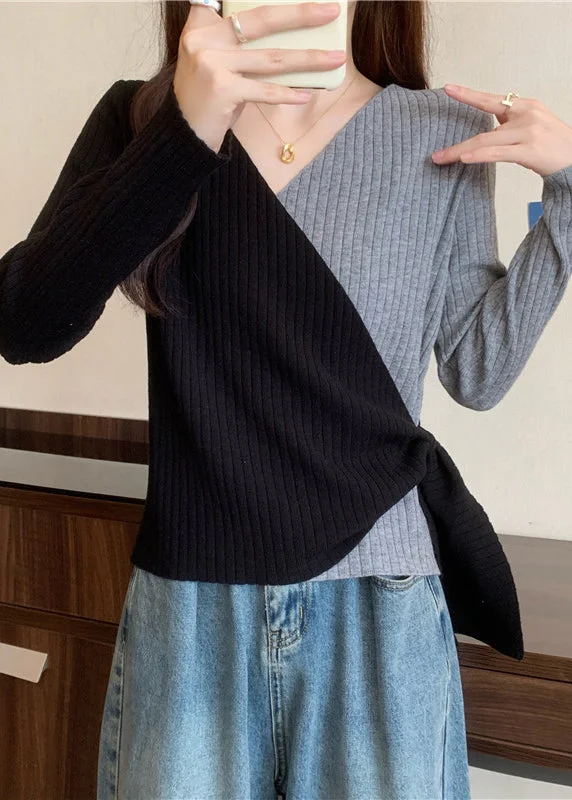Long - Sleeve Women's Cable - Knit Tops in Earth Tones for Fall Italian Grey V Neck Asymmetrical Cross Strap Knit Top Fall Long - Sleeve Women's Cable - Knit Tops in Earth Tones for Fall Italian Grey V Neck Asymmetrical Cross Strap Knit Top Fall
