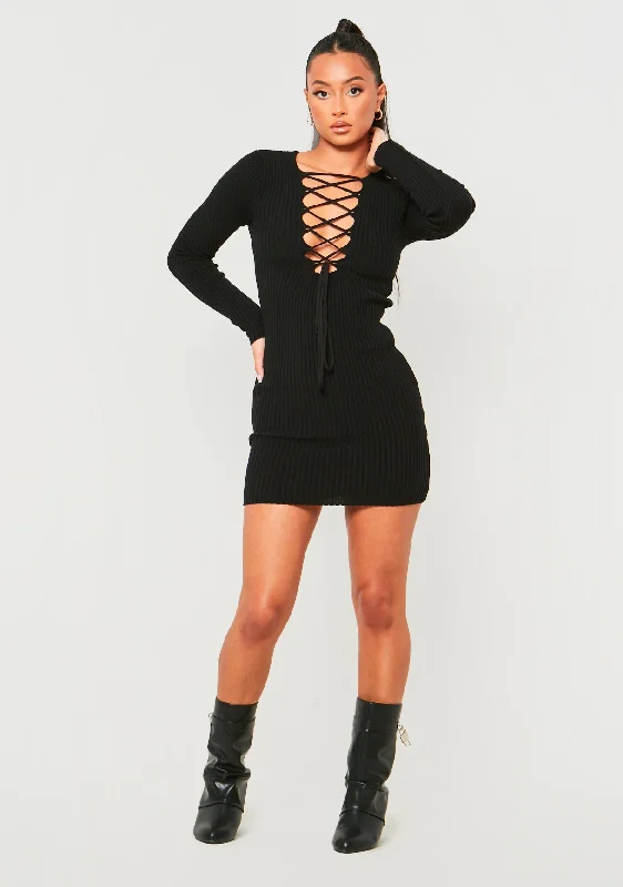 Mini dresses with pocket details for added functionality Janette Black Knitted Mini Dress With Tie Front Mini dresses with pocket details for added functionality Janette Black Knitted Mini Dress With Tie Front