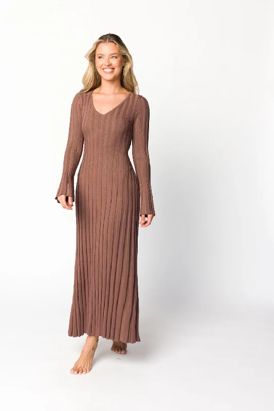Maxi dresses with cold - shoulder cutouts for a trendy look Hadley Long Sleeve V-Neck Knit Maxi Dress in Cocoa - Restocking in Nov Maxi dresses with cold - shoulder cutouts for a trendy look Hadley Long Sleeve V-Neck Knit Maxi Dress in Cocoa - Restocking in Nov