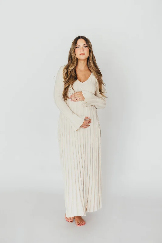 Satin maxi dresses with a high - low hem for a modern twist Hadley Long Sleeve V-Neck Knit Maxi Dress in Cream Taupe Satin maxi dresses with a high - low hem for a modern twist Hadley Long Sleeve V-Neck Knit Maxi Dress in Cream Taupe