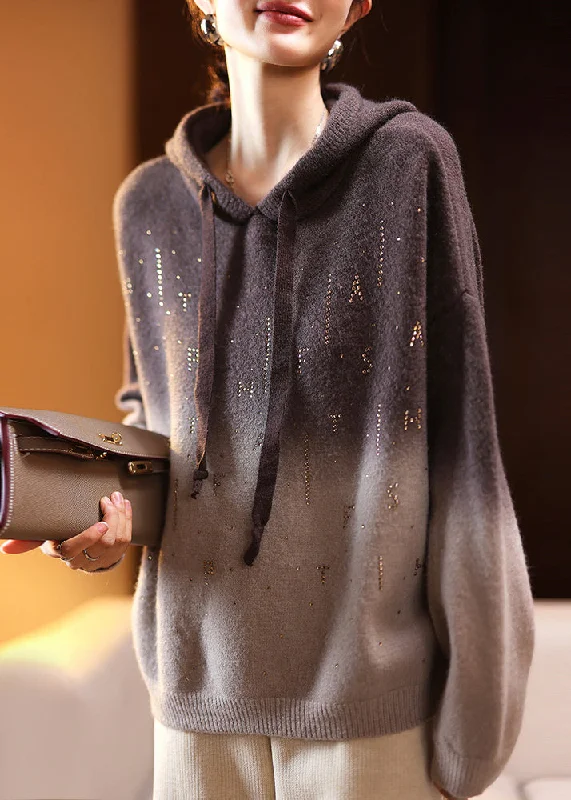 Button - Down Women's Knit Blouses with a Chunky Knit Texture Loose Coffee Gradient Color Hooded Zircon Cotton Knit Top Spring Button - Down Women's Knit Blouses with a Chunky Knit Texture Loose Coffee Gradient Color Hooded Zircon Cotton Knit Top Spring
