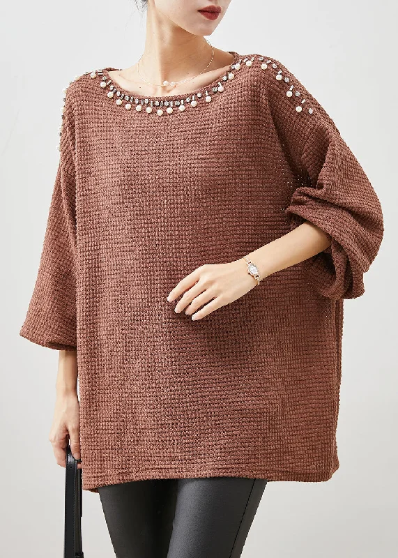 Striped Women's Knit Pullovers in a Classic Pattern Modern Brown Oversized Nail Bead Knit Top Spring Striped Women's Knit Pullovers in a Classic Pattern Modern Brown Oversized Nail Bead Knit Top Spring