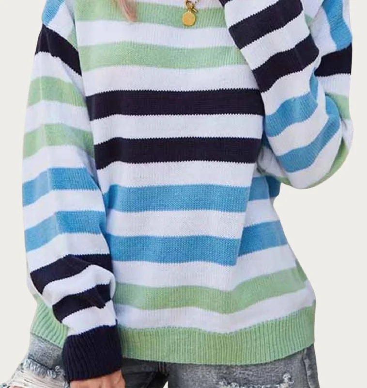 Hooded Women's Fleece - Lined Sweaters for Winter Multicolor Striped Knit Sweater In Blue Multi Hooded Women's Fleece - Lined Sweaters for Winter Multicolor Striped Knit Sweater In Blue Multi