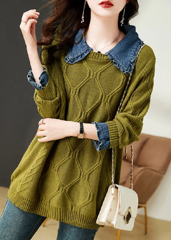 Plus Size Women's Oversized Knit Tops in Neutral Colors Mustard Green Denim Patchwork Cotton Knit Tops Peter Pan Collar Fall Plus Size Women's Oversized Knit Tops in Neutral Colors Mustard Green Denim Patchwork Cotton Knit Tops Peter Pan Collar Fall
