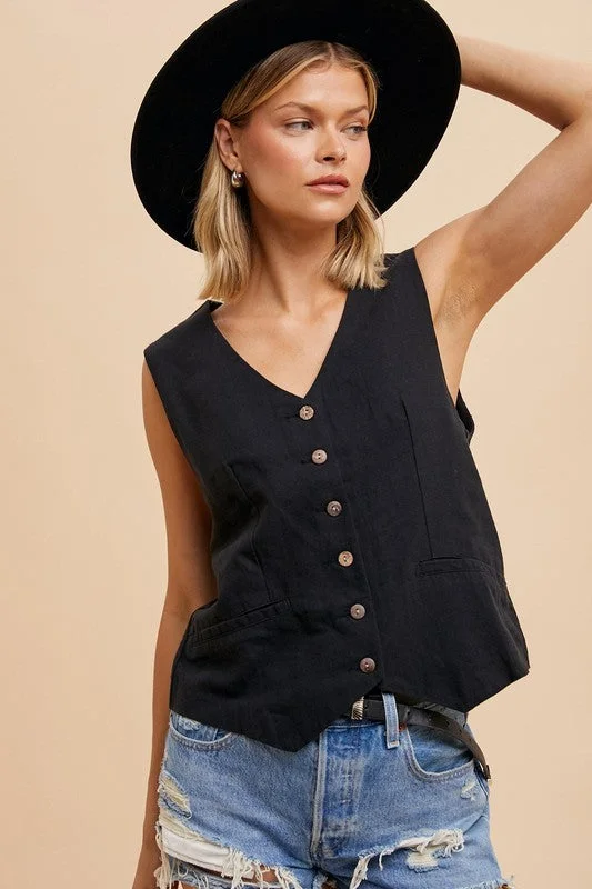 Women's Button - Down Tank Tops in Striped Patterns  NOVA COTTON LINEN BLEND VEST