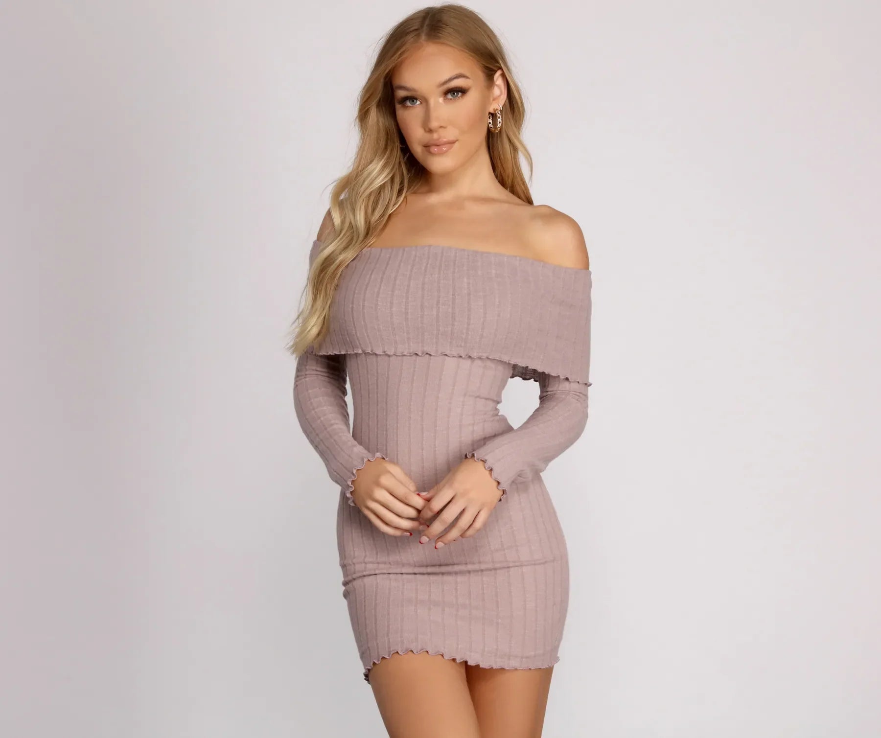 Mini dresses with cold - shoulder designs Off The Shoulder Brushed Knit Mini Dress