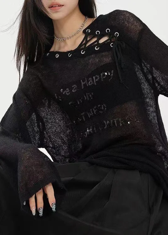 Mock - Neck Women's Knit Blouses in a Modern Style Original Design Black Letter Sequins Drawstring Knit Top Fall Mock - Neck Women's Knit Blouses in a Modern Style Original Design Black Letter Sequins Drawstring Knit Top Fall