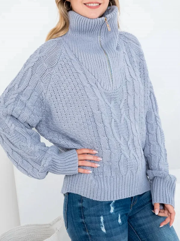Plus Size Women's Embroidered Sweaters in Ethnic Styles Oversized Cable-Knit Half-Zip Sweater In Slate Grey Plus Size Women's Embroidered Sweaters in Ethnic Styles Oversized Cable-Knit Half-Zip Sweater In Slate Grey