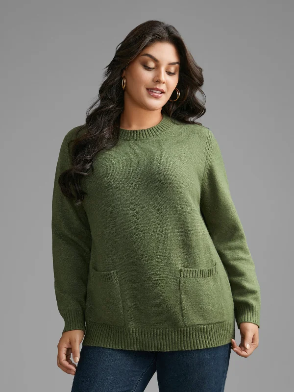 Tie - Front Women's Lambswool Sweaters in Pastel Hues Plain Round Neck Patched Pocket Pullover Tie - Front Women's Lambswool Sweaters in Pastel Hues Plain Round Neck Patched Pocket Pullover