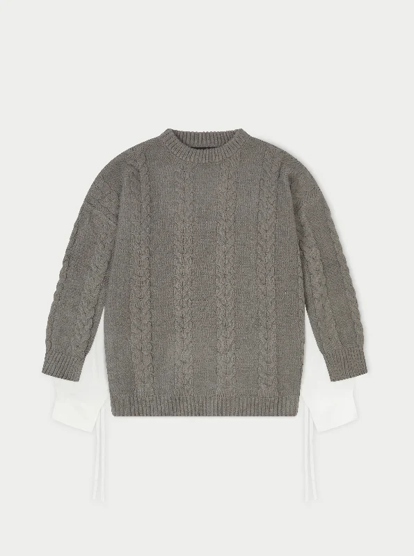 Short Sleeve Women's Cashmere Sweater Dresses in Pastel Hues POPLIN PANEL CABLE JUMPER DRESS - GREY Short Sleeve Women's Cashmere Sweater Dresses in Pastel Hues POPLIN PANEL CABLE JUMPER DRESS - GREY