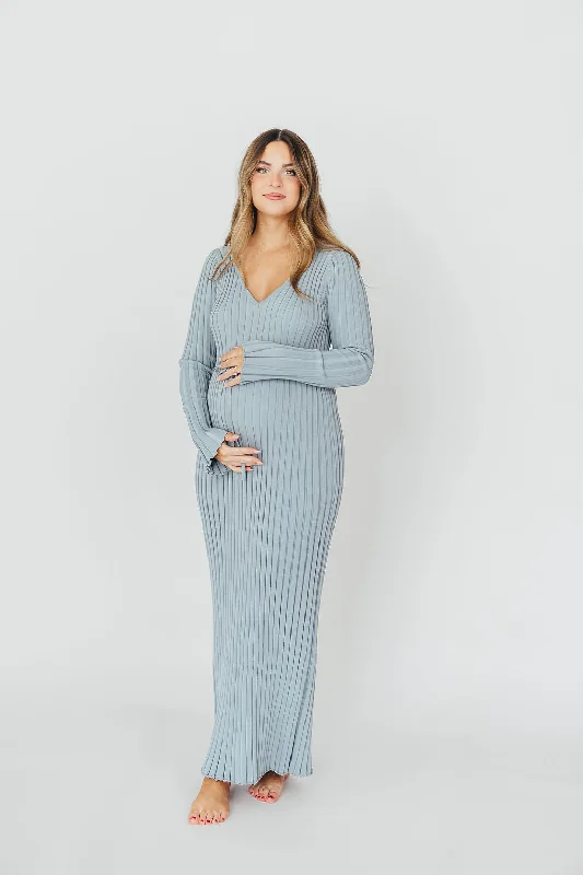 Maxi dresses with thin spaghetti straps for a delicate and feminine feel Berkeley Ribbed Knit Maxi Dress With V-Neck in Dusty Blue - Bump Friendly Maxi dresses with thin spaghetti straps for a delicate and feminine feel Berkeley Ribbed Knit Maxi Dress With V-Neck in Dusty Blue - Bump Friendly