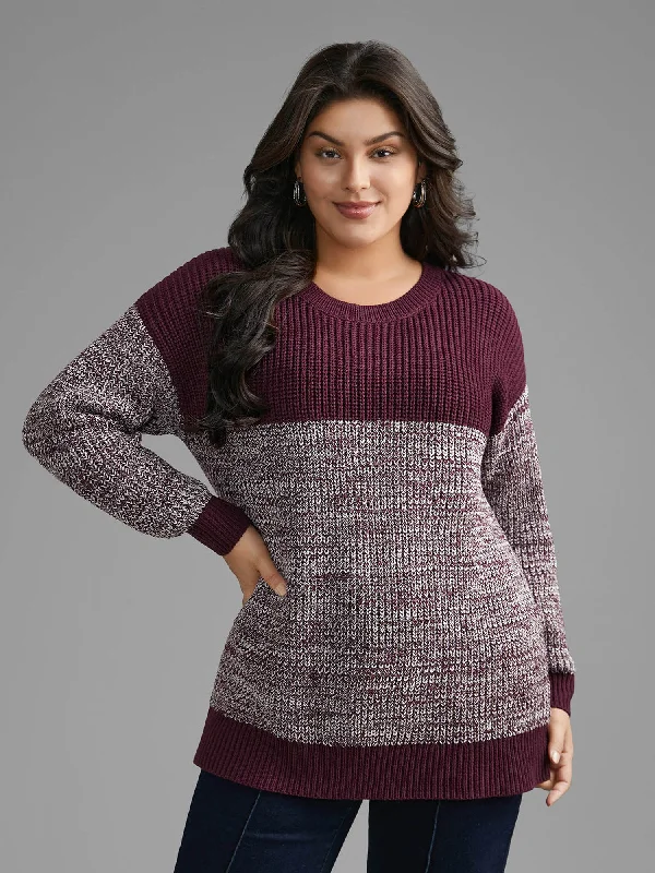 Plus Size Women's Ruffled Hem Sweaters in Floral Prints Round Neck Heather Patchwork Pullover Plus Size Women's Ruffled Hem Sweaters in Floral Prints Round Neck Heather Patchwork Pullover