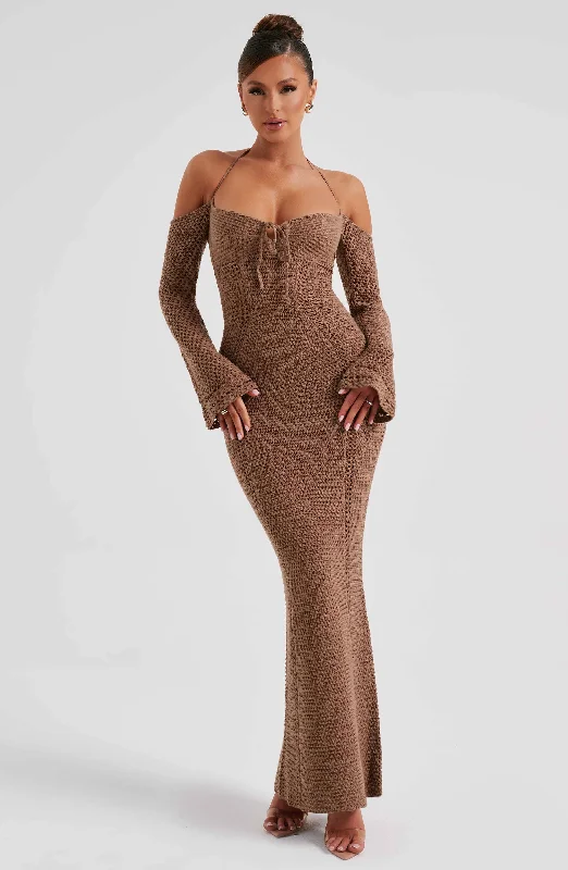 Denim maxi dresses with frayed hems for a casual look Samariah Maxi Dress - Chocolate Denim maxi dresses with frayed hems for a casual look Samariah Maxi Dress - Chocolate