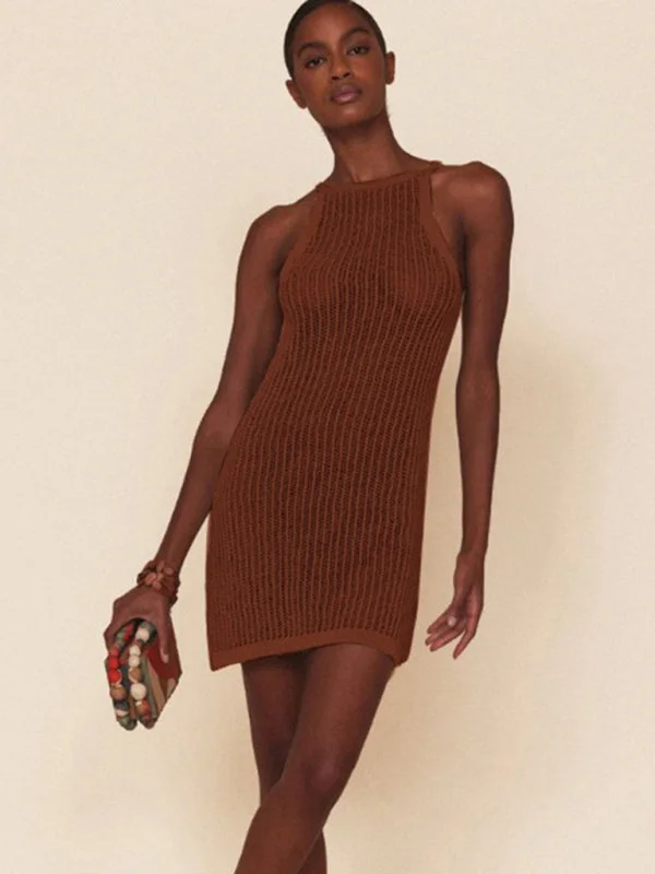 Mini - Length Women's Chunky Knit Sweater Dresses in Bold Hues Sexy hollow knitted beach dress with suspenders Mini - Length Women's Chunky Knit Sweater Dresses in Bold Hues Sexy hollow knitted beach dress with suspenders