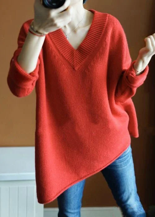 Mock - Neck Women's Knit Blouses in a Modern Style Simple Red Asymmetrical Solid Knit Top Long Sleeve Mock - Neck Women's Knit Blouses in a Modern Style Simple Red Asymmetrical Solid Knit Top Long Sleeve