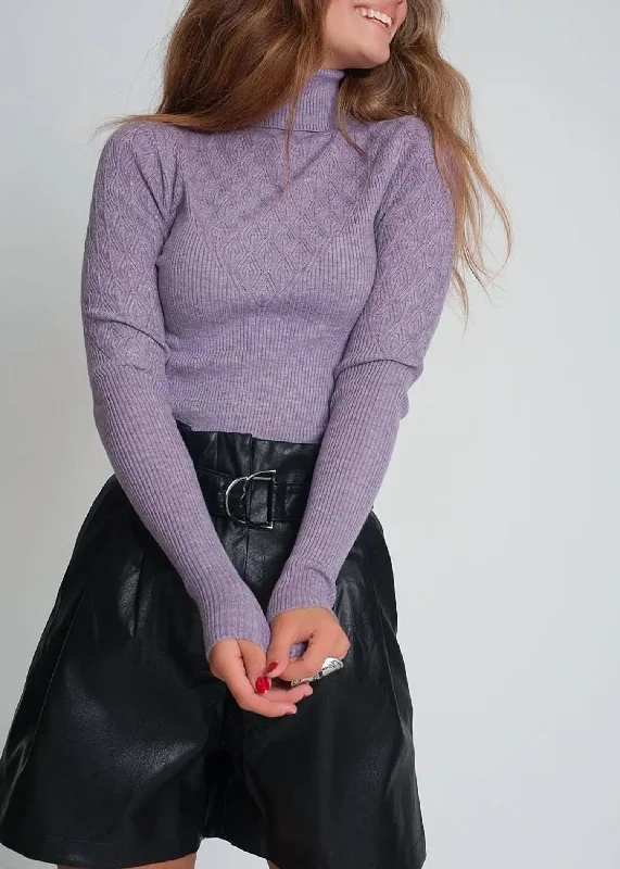 Button - Down Women's Shetland Wool Sweaters in Traditional Patterns Stretch-Knit Turtleneck Sweater In Purple Button - Down Women's Shetland Wool Sweaters in Traditional Patterns Stretch-Knit Turtleneck Sweater In Purple